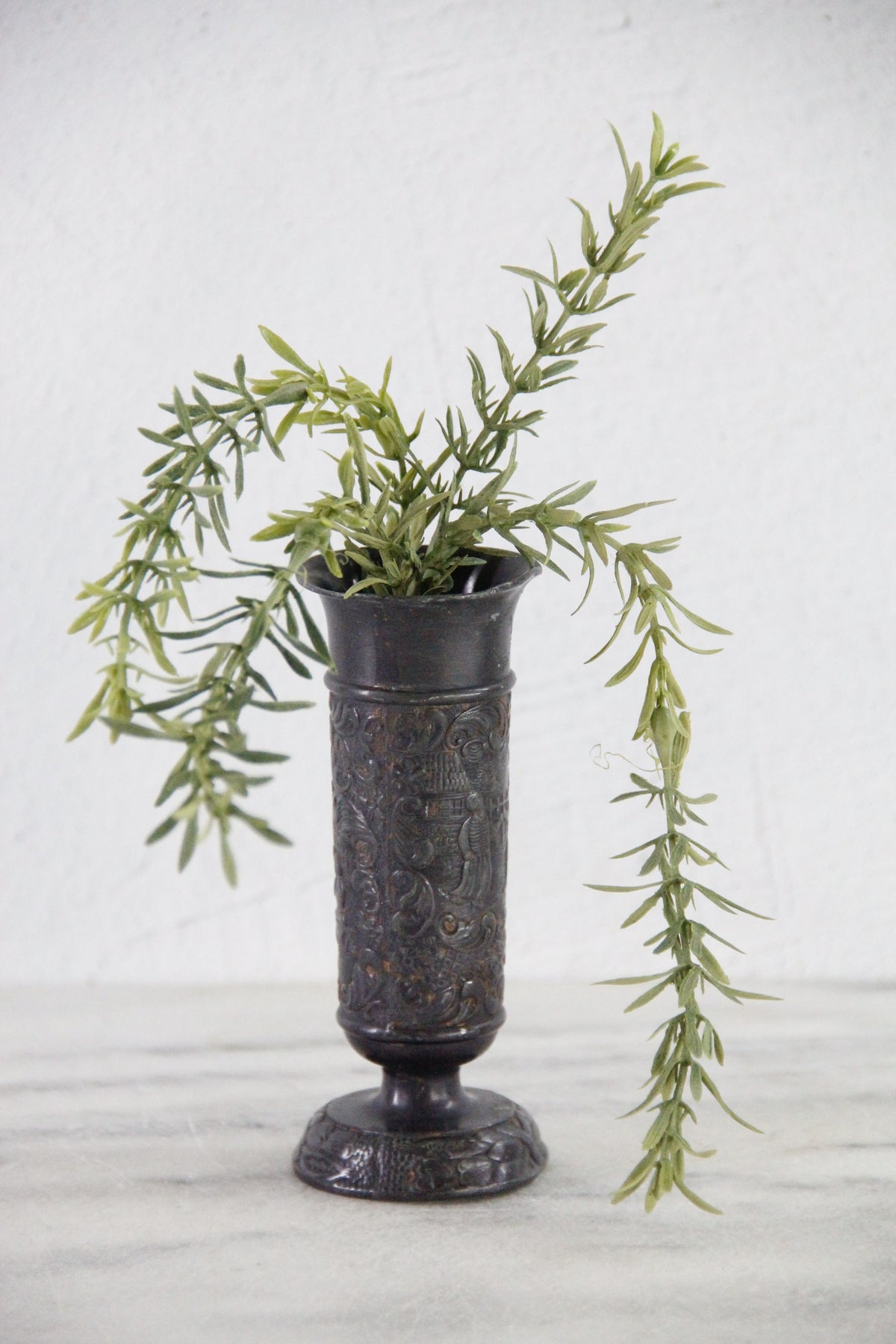 Vintage English Pewter Vase | Embossed Pedestal Bud Vessel