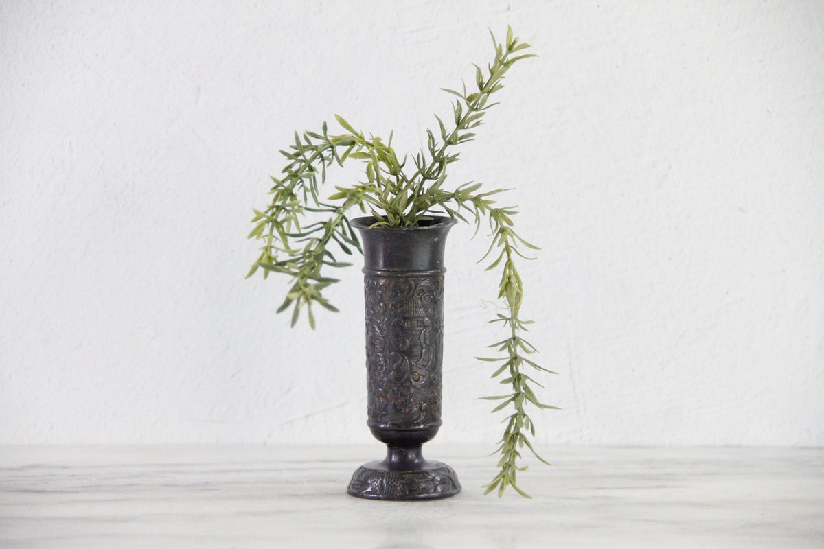 Vintage English Pewter Vase | Embossed Pedestal Bud Vessel
