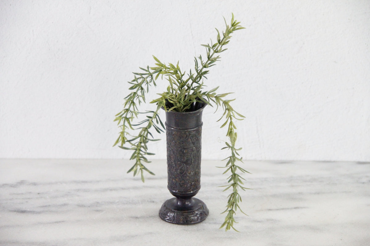 Vintage English Pewter Vase | Embossed Pedestal Bud Vessel
