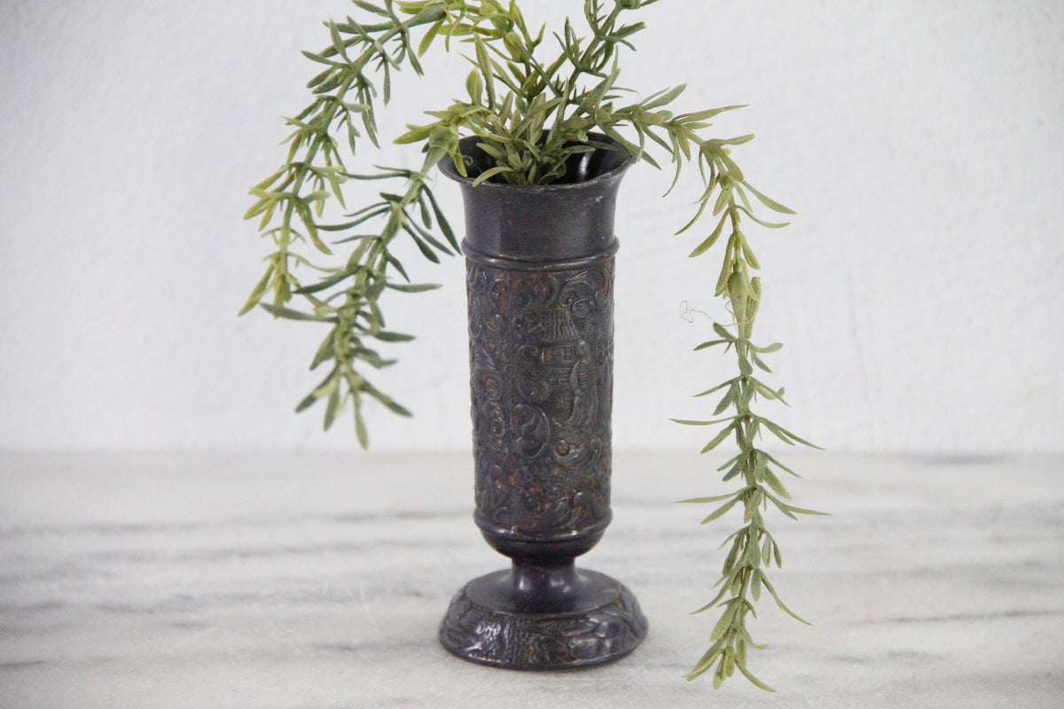 Vintage English Pewter Vase | Embossed Pedestal Bud Vessel