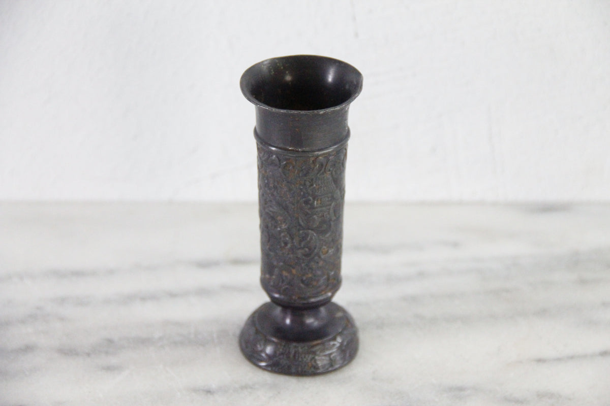 Vintage English Pewter Vase | Embossed Pedestal Bud Vessel