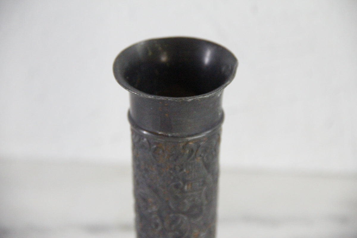 Vintage English Pewter Vase | Embossed Pedestal Bud Vessel