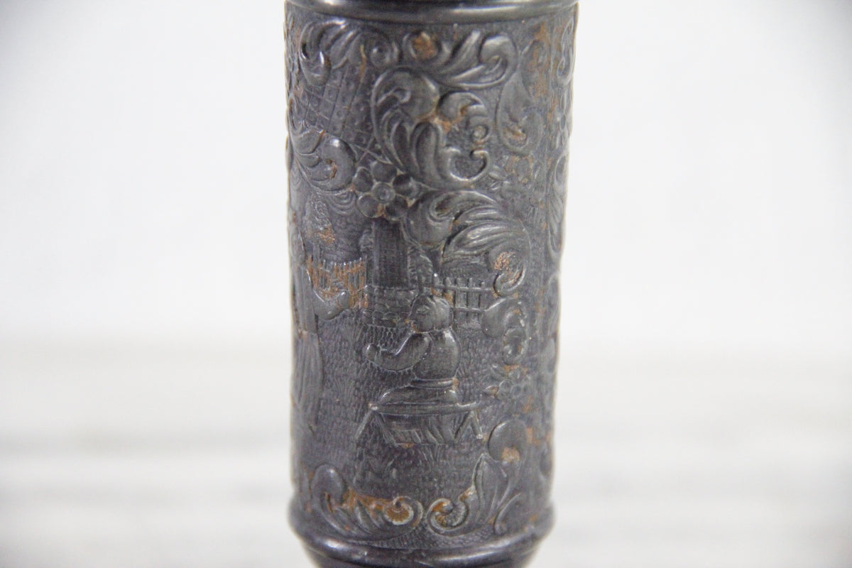 Vintage English Pewter Vase | Embossed Pedestal Bud Vessel