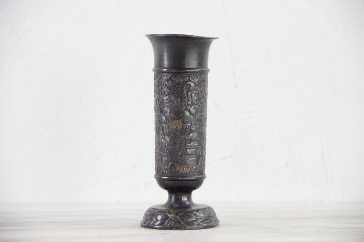 Vintage English Pewter Vase | Embossed Pedestal Bud Vessel