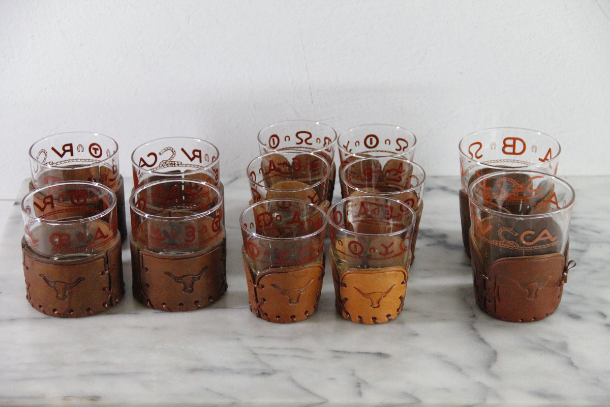 Cowboy Glassware | Vintage Western Lowball Glasses with Leather