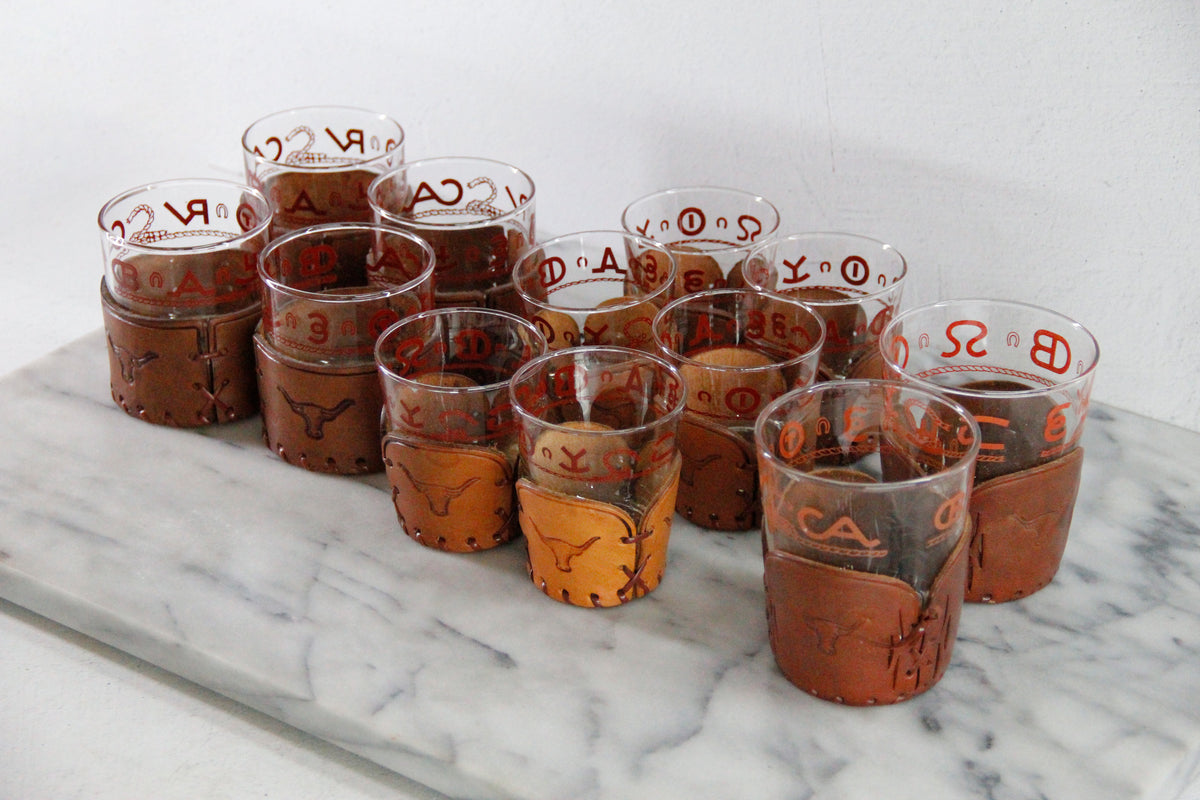 Cowboy Glassware | Vintage Western Lowball Glasses with Leather