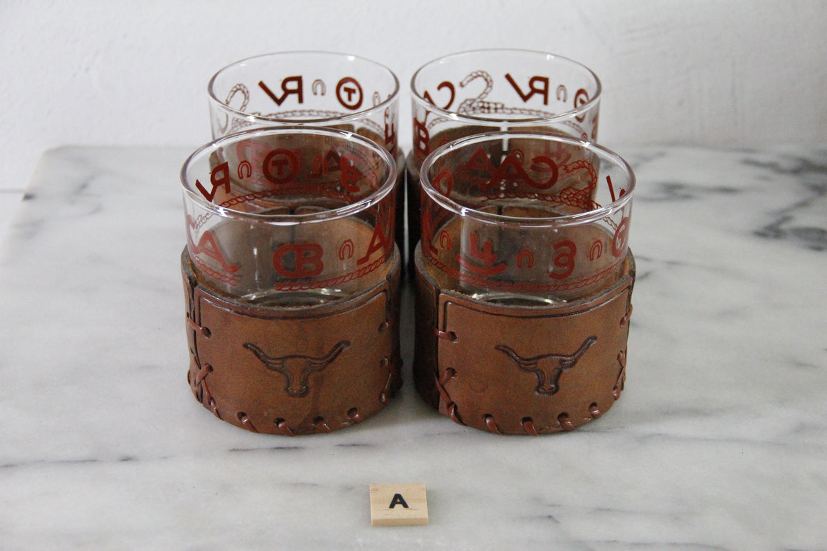 Cowboy Glassware | Vintage Western Lowball Glasses with Leather