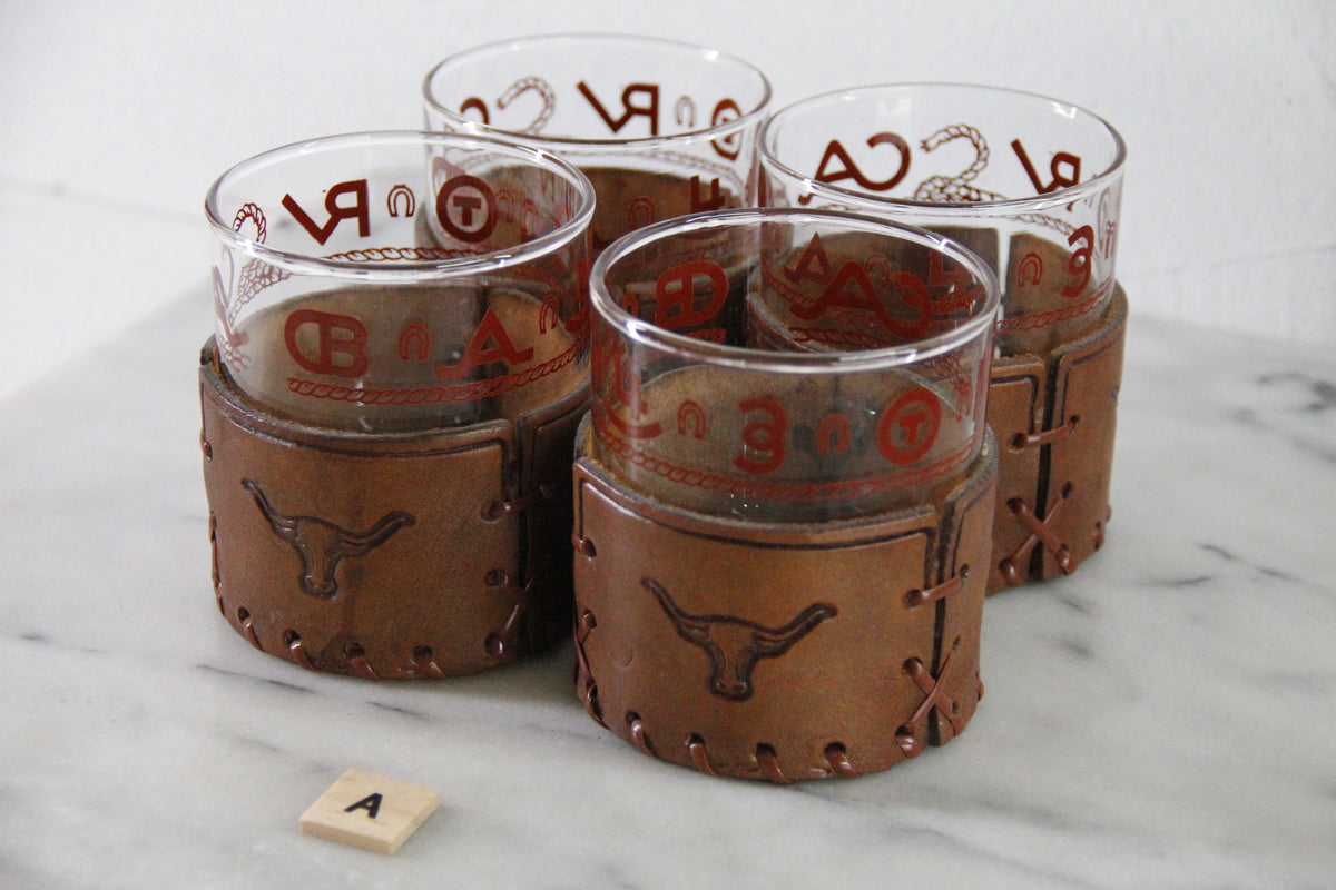 Cowboy Glassware | Vintage Western Lowball Glasses with Leather
