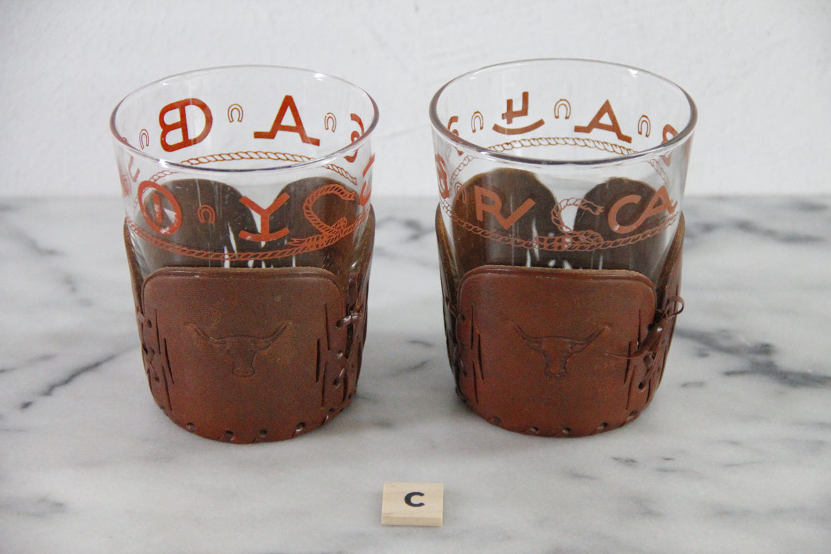 Cowboy Glassware | Vintage Western Lowball Glasses with Leather