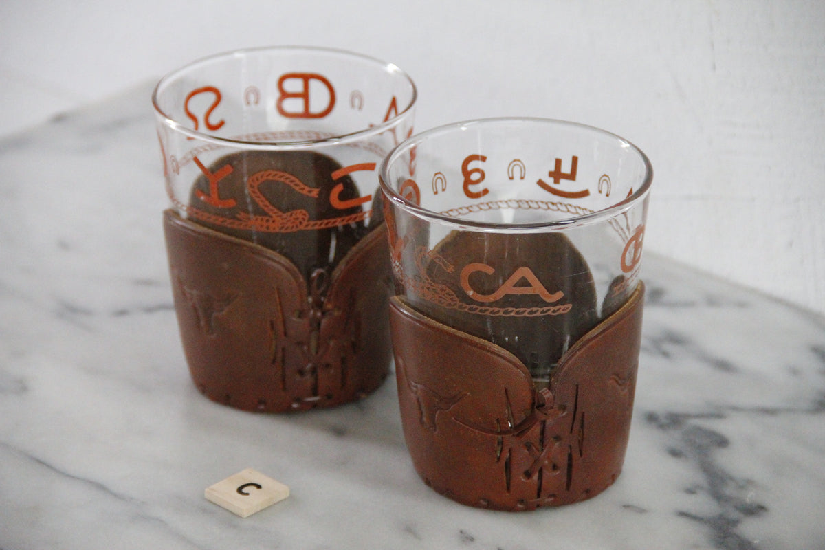 Cowboy Glassware | Vintage Western Lowball Glasses with Leather