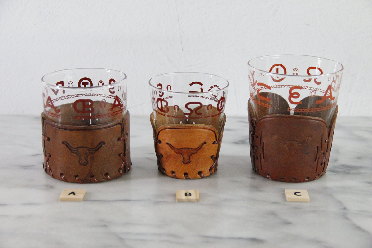 Cowboy Glassware | Vintage Western Lowball Glasses with Leather