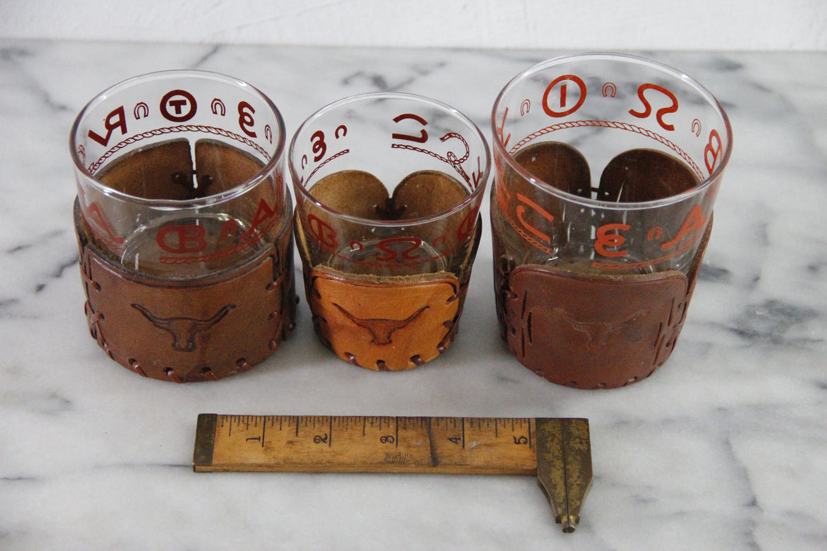 Cowboy Glassware | Vintage Western Lowball Glasses with Leather