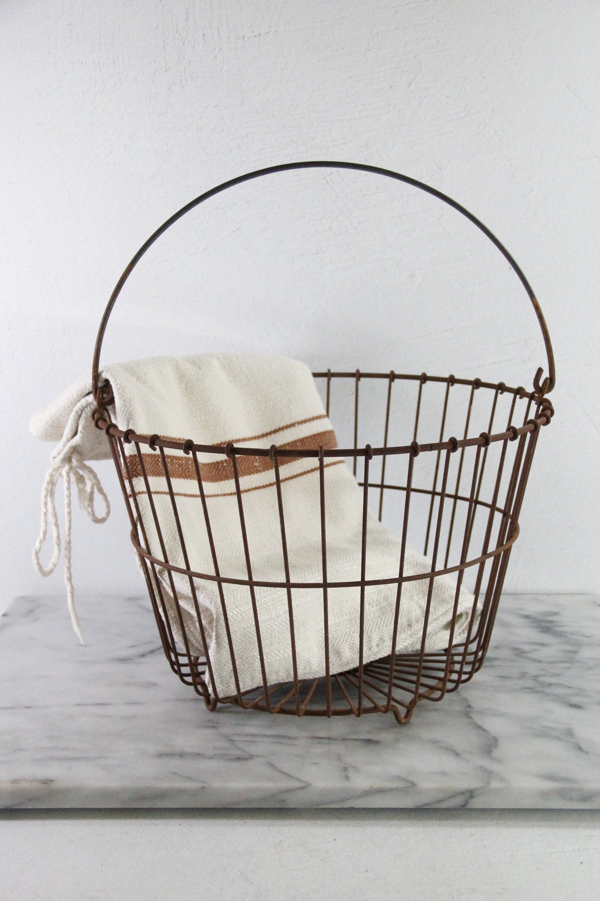 Antique Wire Egg Basket | Large Rustic Produce Basket with Handle