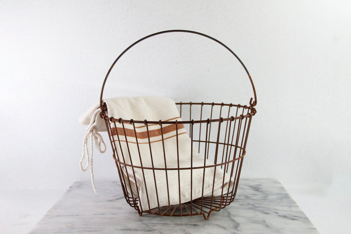 Antique Wire Egg Basket | Large Rustic Produce Basket with Handle