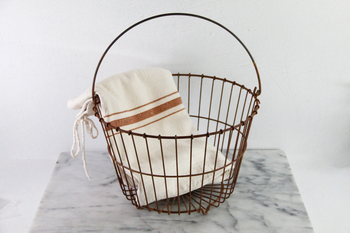 Antique Wire Egg Basket | Large Rustic Produce Basket with Handle