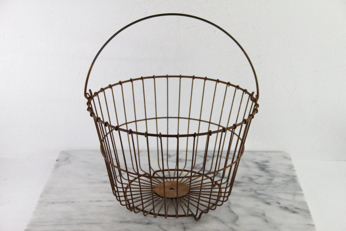 Antique Wire Egg Basket | Large Rustic Produce Basket with Handle