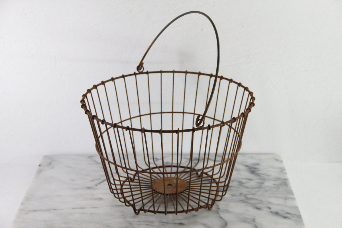 Antique Wire Egg Basket | Large Rustic Produce Basket with Handle