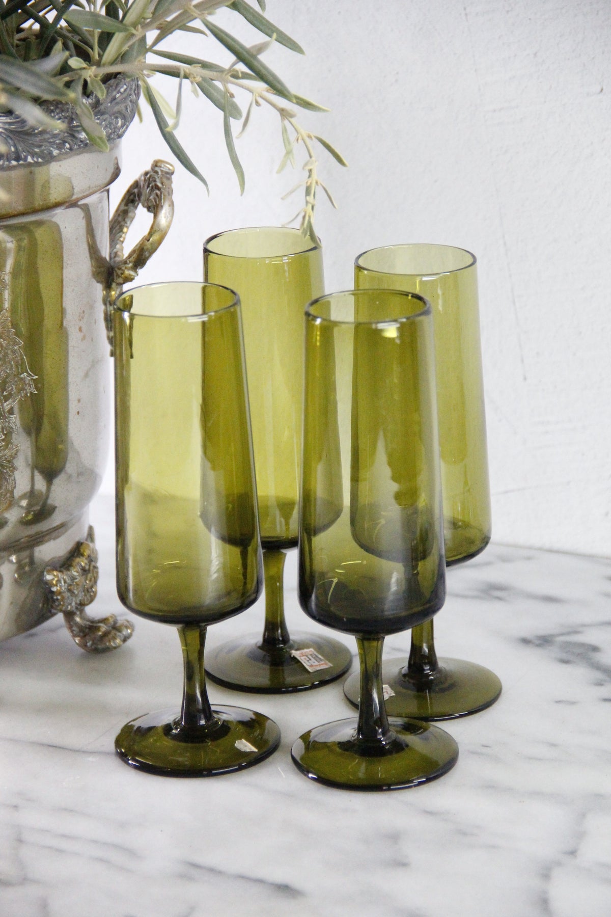 Vintage Pee Dee Champagne Flutes | Italian Olive Green Glass Set of 4