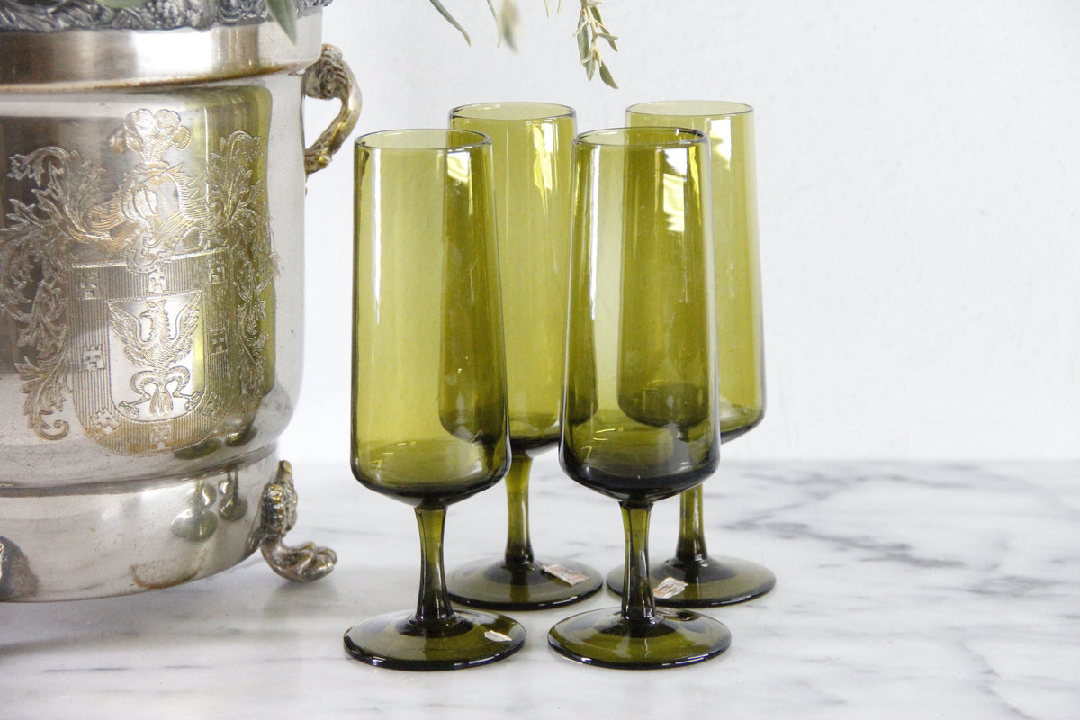 Vintage Pee Dee Champagne Flutes | Italian Olive Green Glass Set of 4
