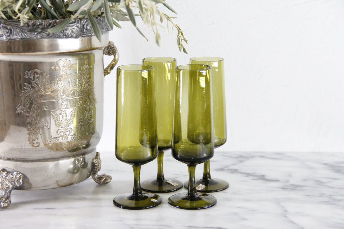 Vintage Pee Dee Champagne Flutes | Italian Olive Green Glass Set of 4