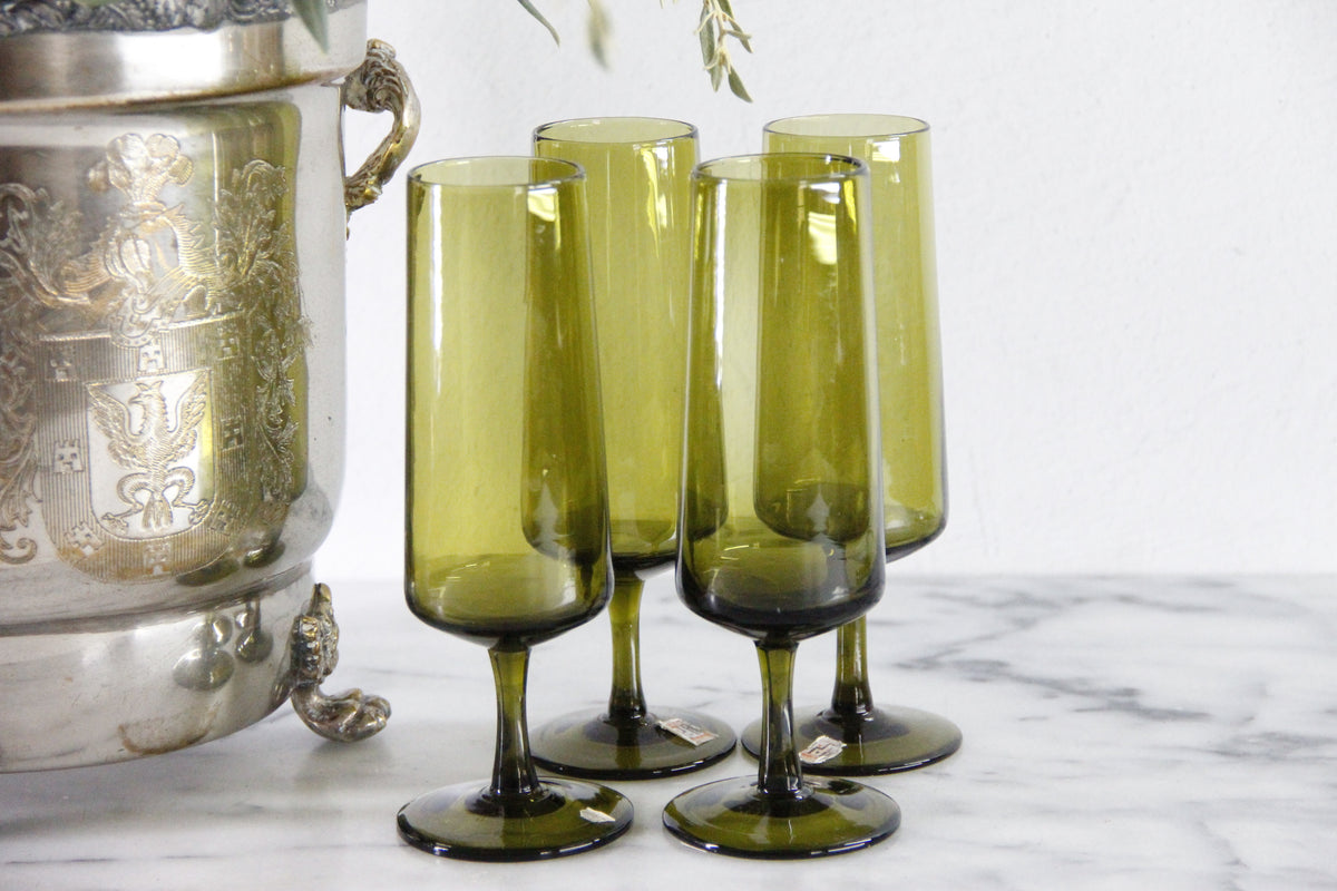 Vintage Pee Dee Champagne Flutes | Italian Olive Green Glass Set of 4