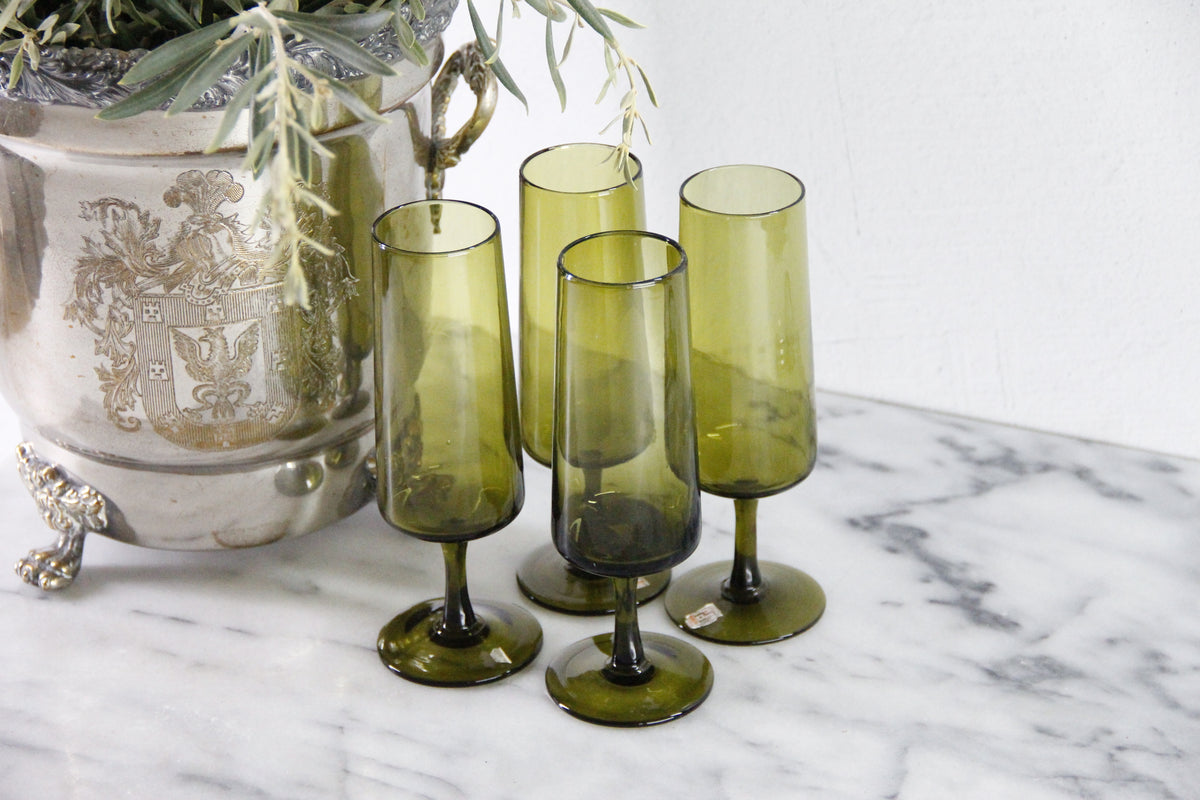 Vintage Pee Dee Champagne Flutes | Italian Olive Green Glass Set of 4