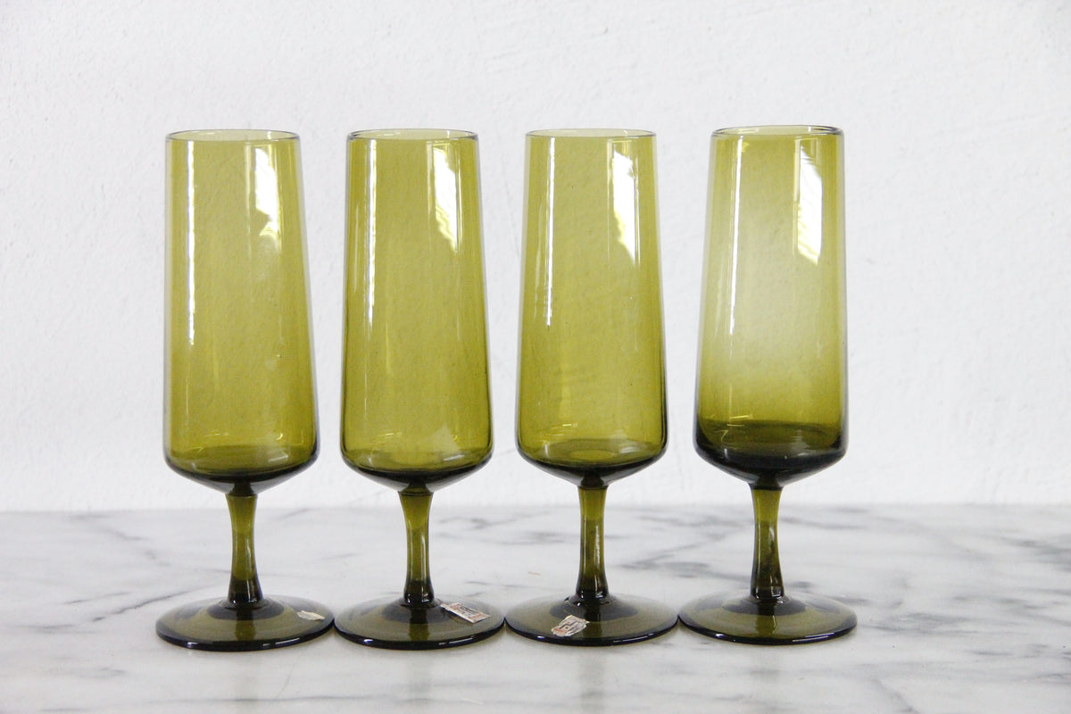 Vintage Pee Dee Champagne Flutes | Italian Olive Green Glass Set of 4