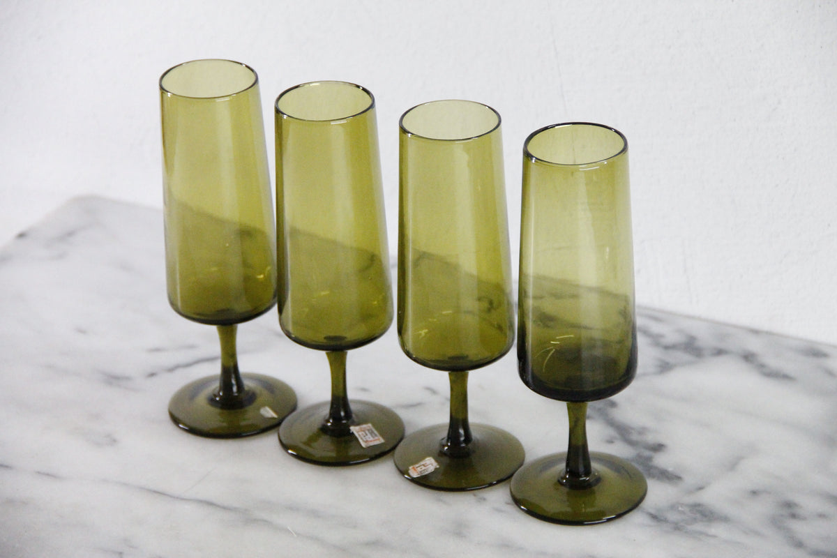 Vintage Pee Dee Champagne Flutes | Italian Olive Green Glass Set of 4