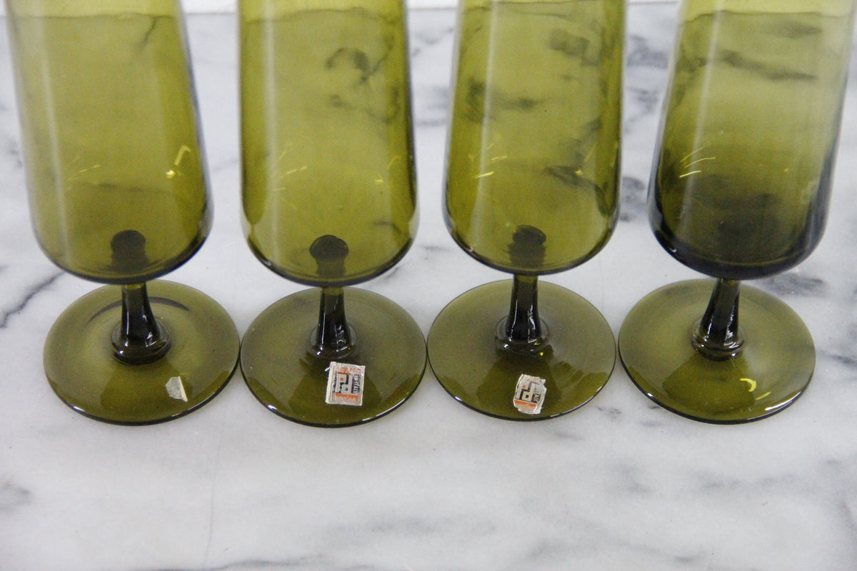 Vintage Pee Dee Champagne Flutes | Italian Olive Green Glass Set of 4