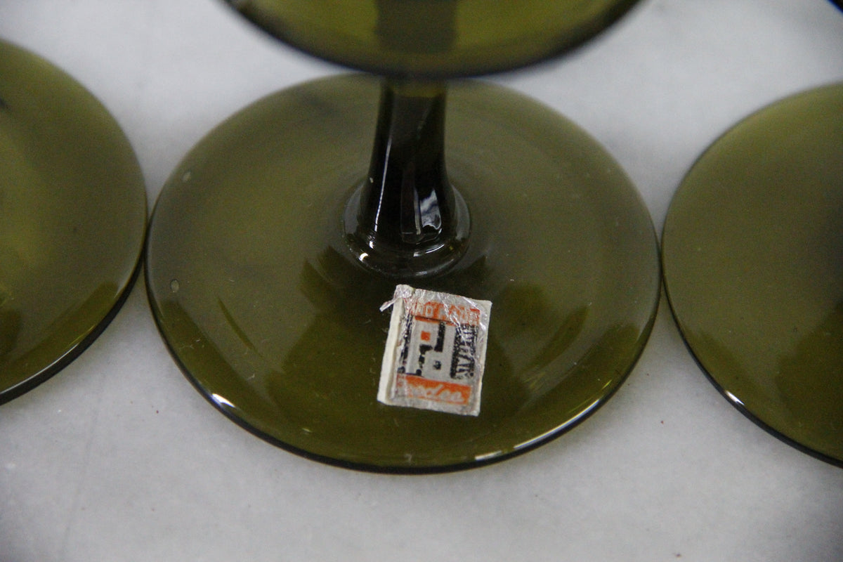 Vintage Pee Dee Champagne Flutes | Italian Olive Green Glass Set of 4