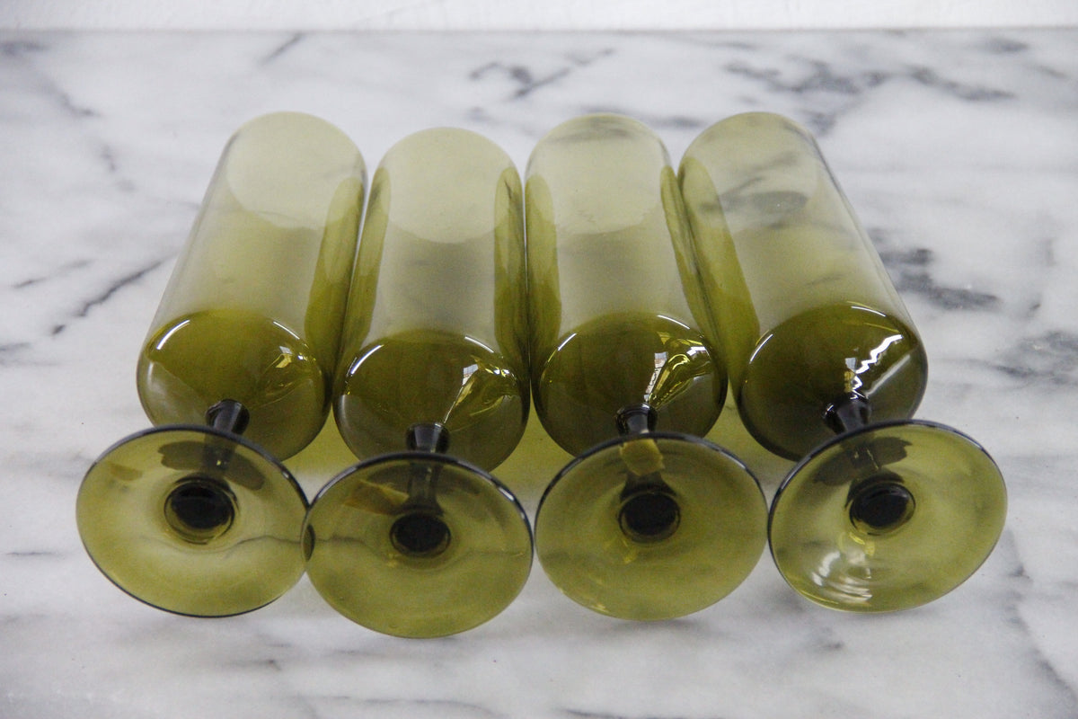 Vintage Pee Dee Champagne Flutes | Italian Olive Green Glass Set of 4