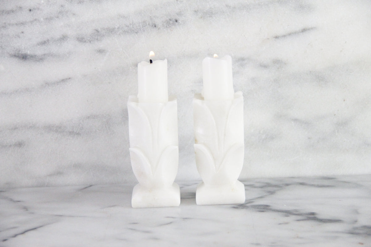 Vintage White Marble Candle Holders Pair Carved Floral