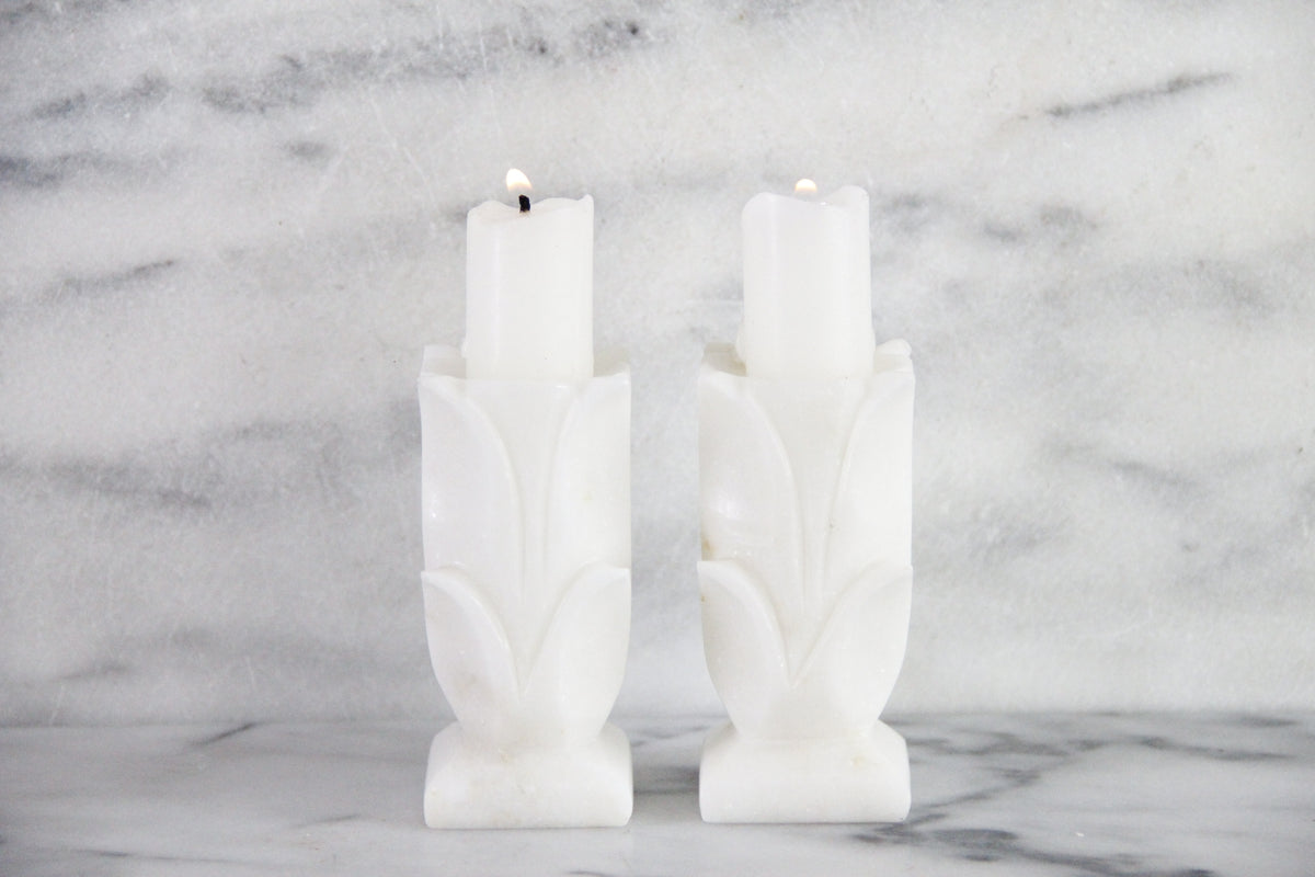 Vintage White Marble Candle Holders Pair Carved Floral