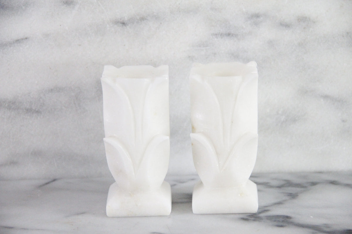 Vintage White Marble Candle Holders Pair Carved Floral