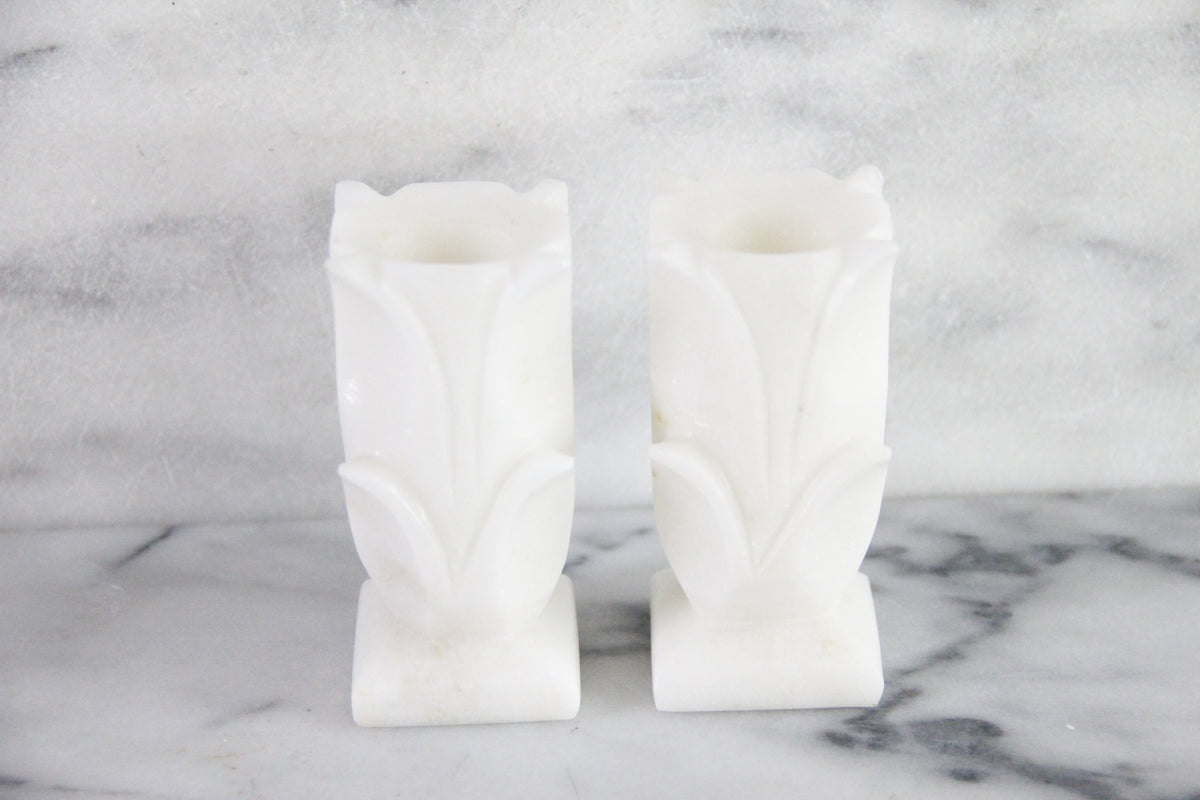 Vintage White Marble Candle Holders Pair Carved Floral