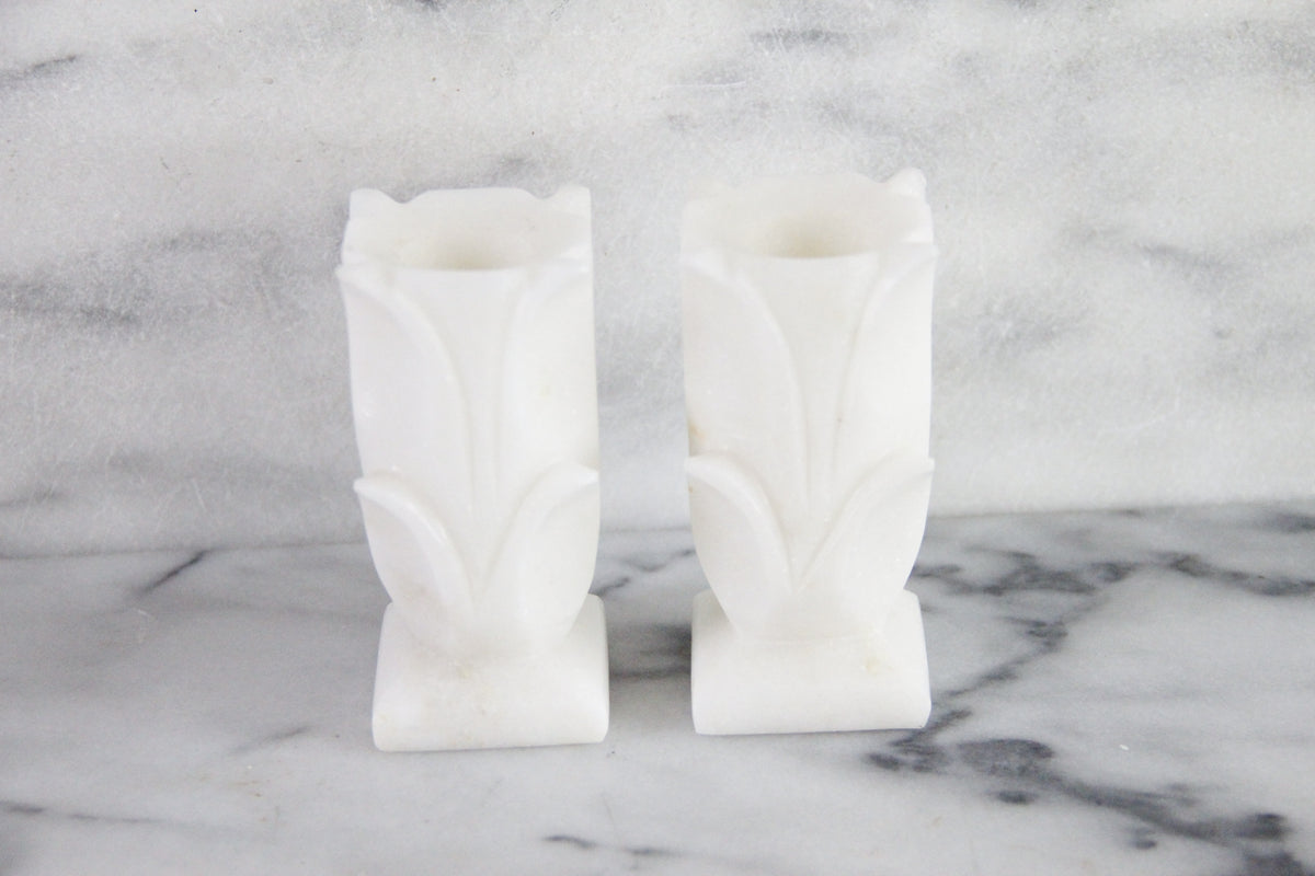 Vintage White Marble Candle Holders Pair Carved Floral