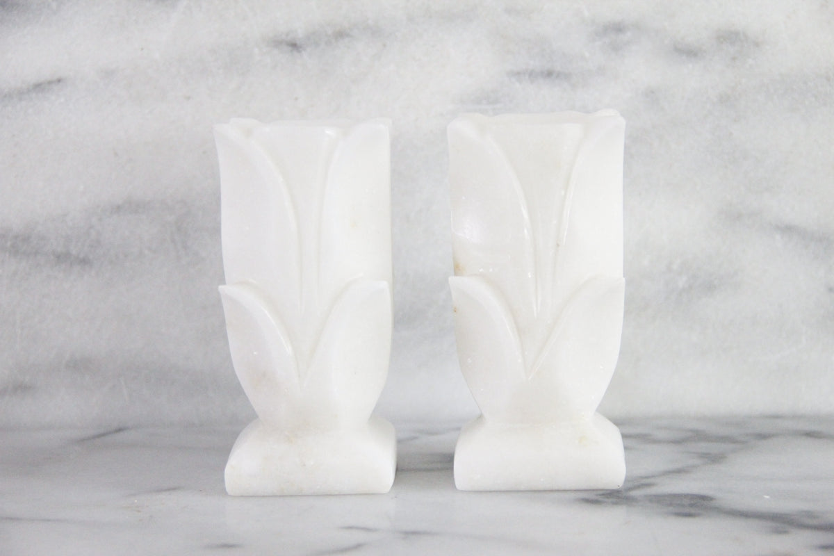 Vintage White Marble Candle Holders Pair Carved Floral