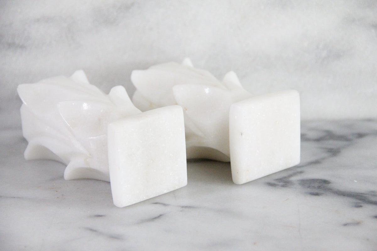 Vintage White Marble Candle Holders Pair Carved Floral