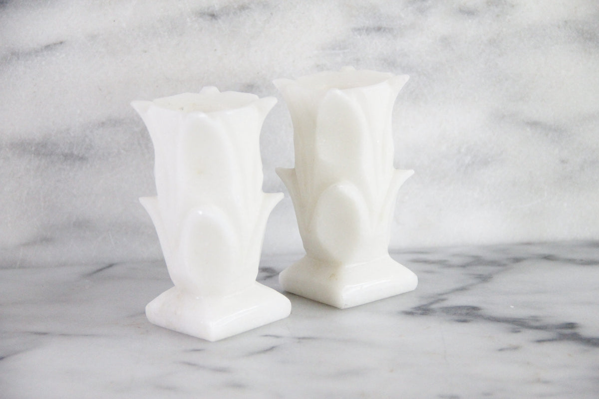 Vintage White Marble Candle Holders Pair Carved Floral