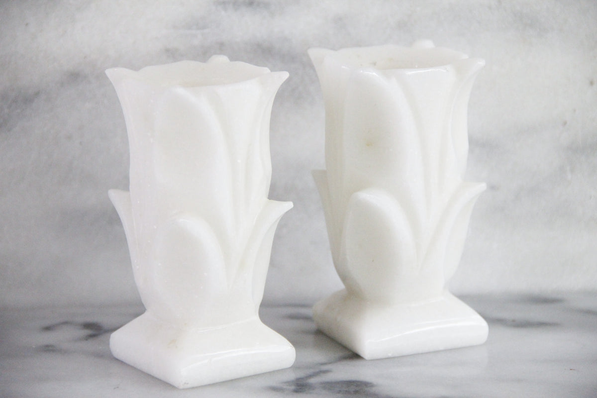 Vintage White Marble Candle Holders Pair Carved Floral
