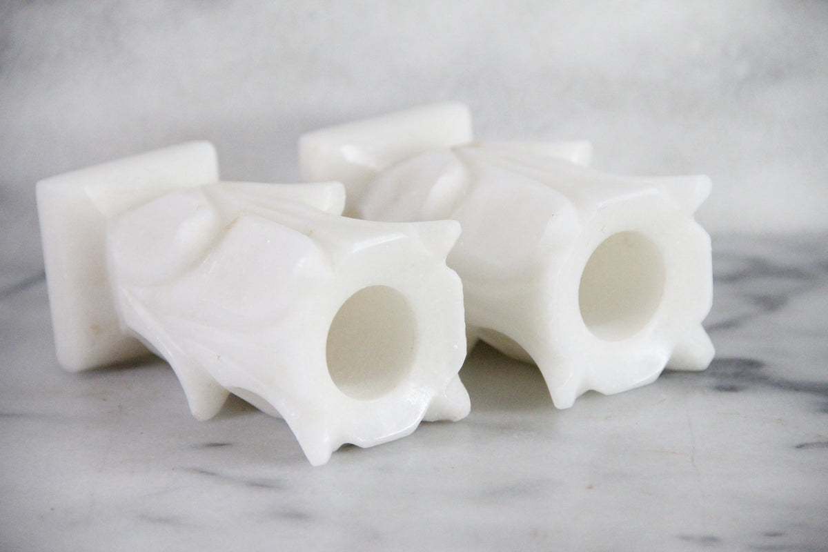 Vintage White Marble Candle Holders Pair Carved Floral