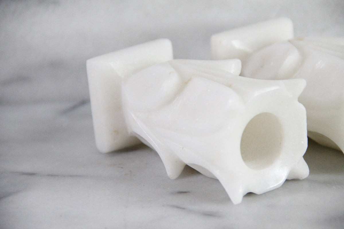 Vintage White Marble Candle Holders Pair Carved Floral