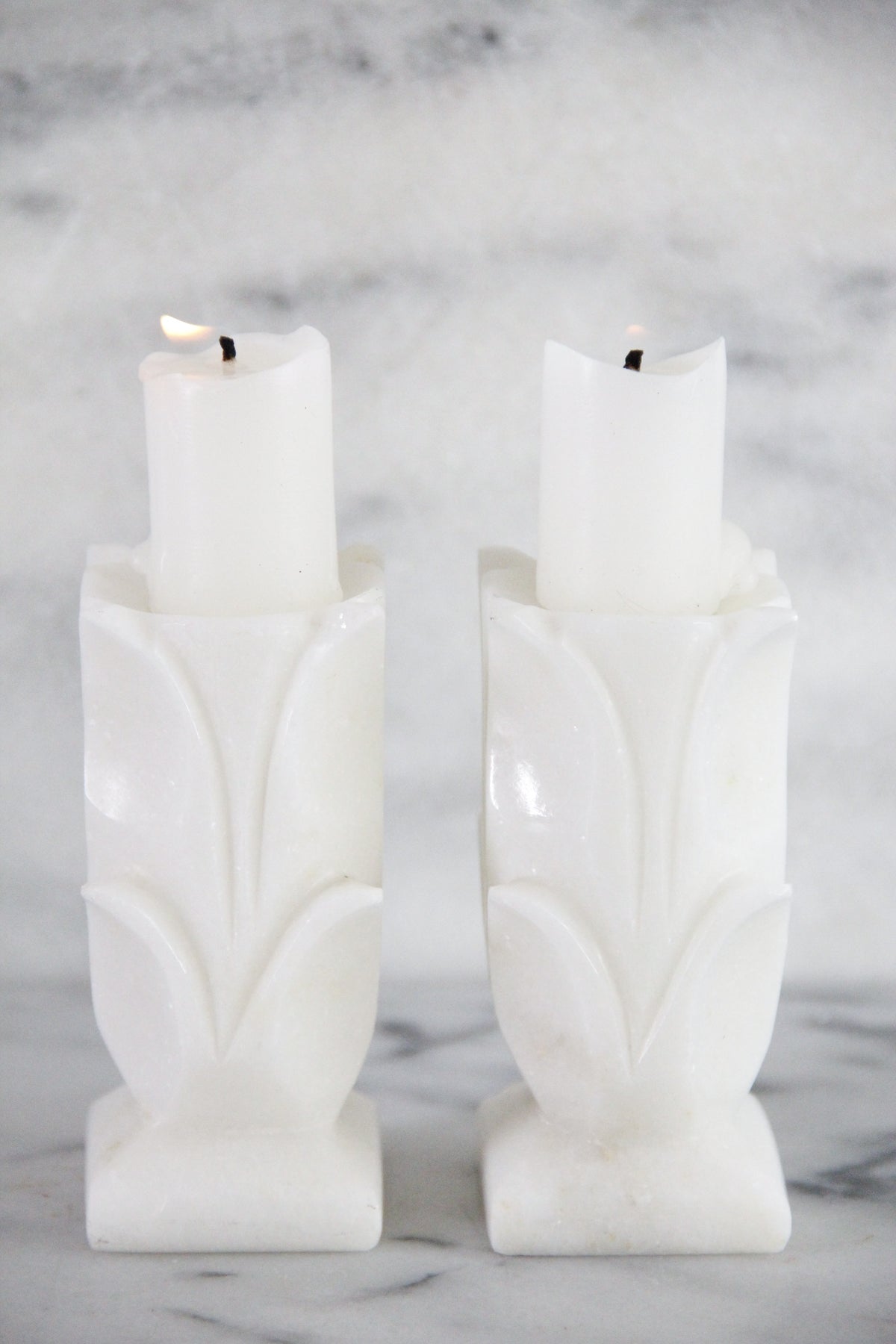 Vintage White Marble Candle Holders Pair Carved Floral