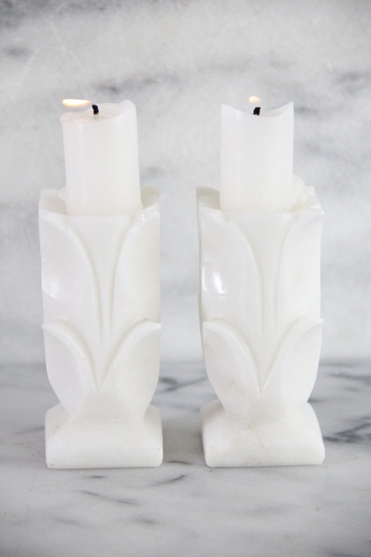 Vintage White Marble Candle Holders Pair Carved Floral
