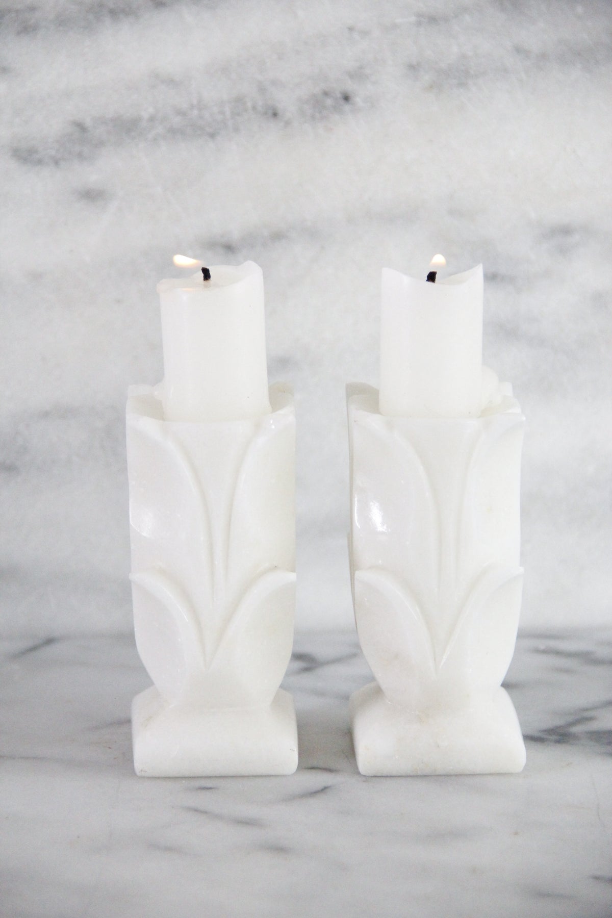 Vintage White Marble Candle Holders Pair Carved Floral