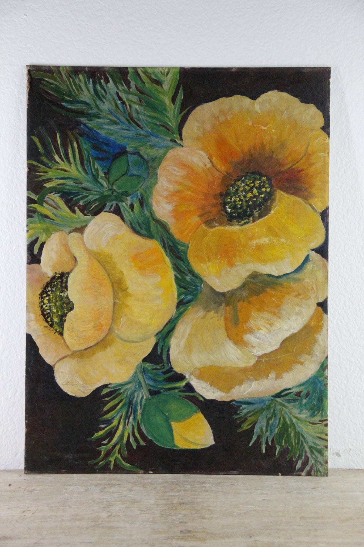 Vintage Floral Oil Painting Large Orange Poppies 18 x 24
