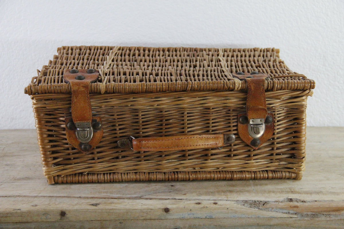 Vintage Wicker Suitcase-style Picnic Basket with Leather