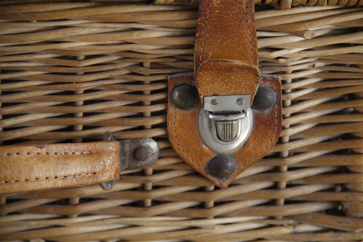 Vintage Wicker Suitcase-style Picnic Basket with Leather