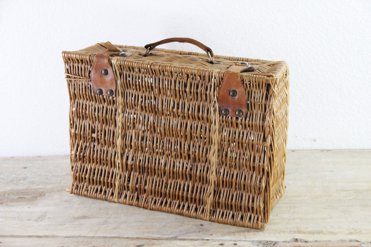 Vintage Wicker Suitcase-style Picnic Basket with Leather