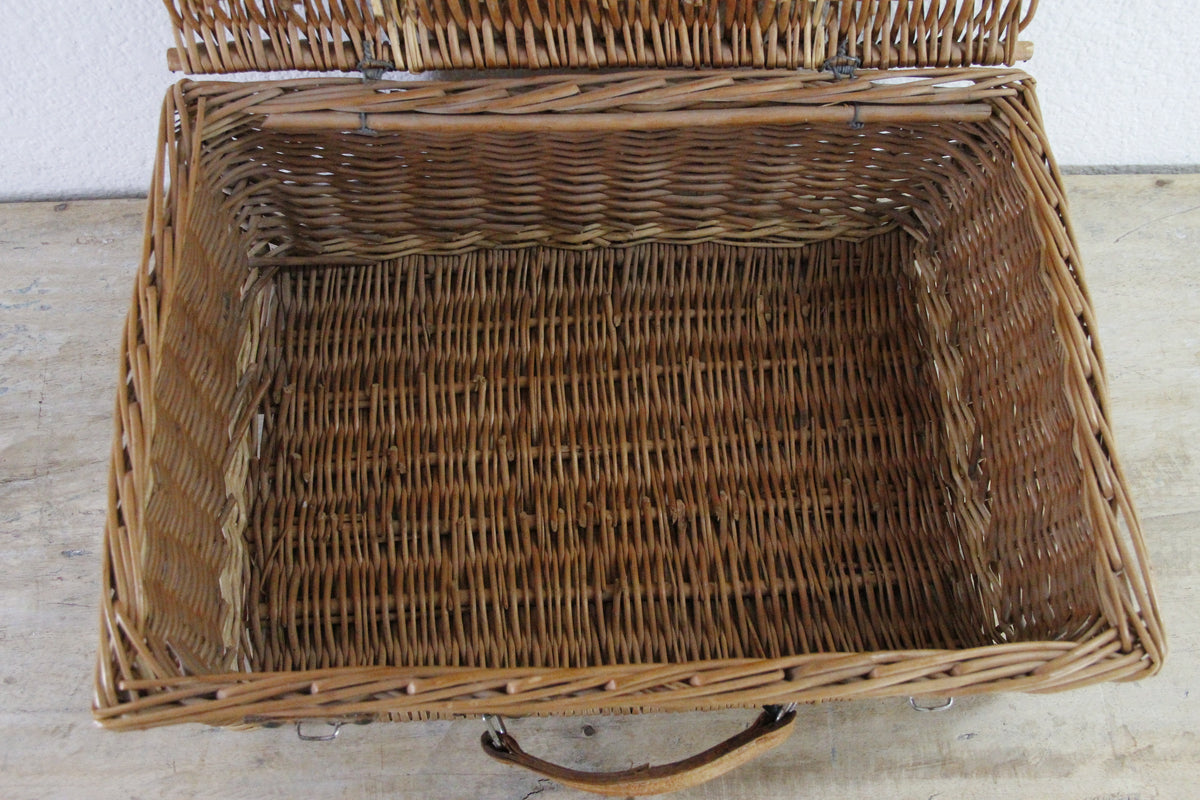 Vintage Wicker Suitcase-style Picnic Basket with Leather